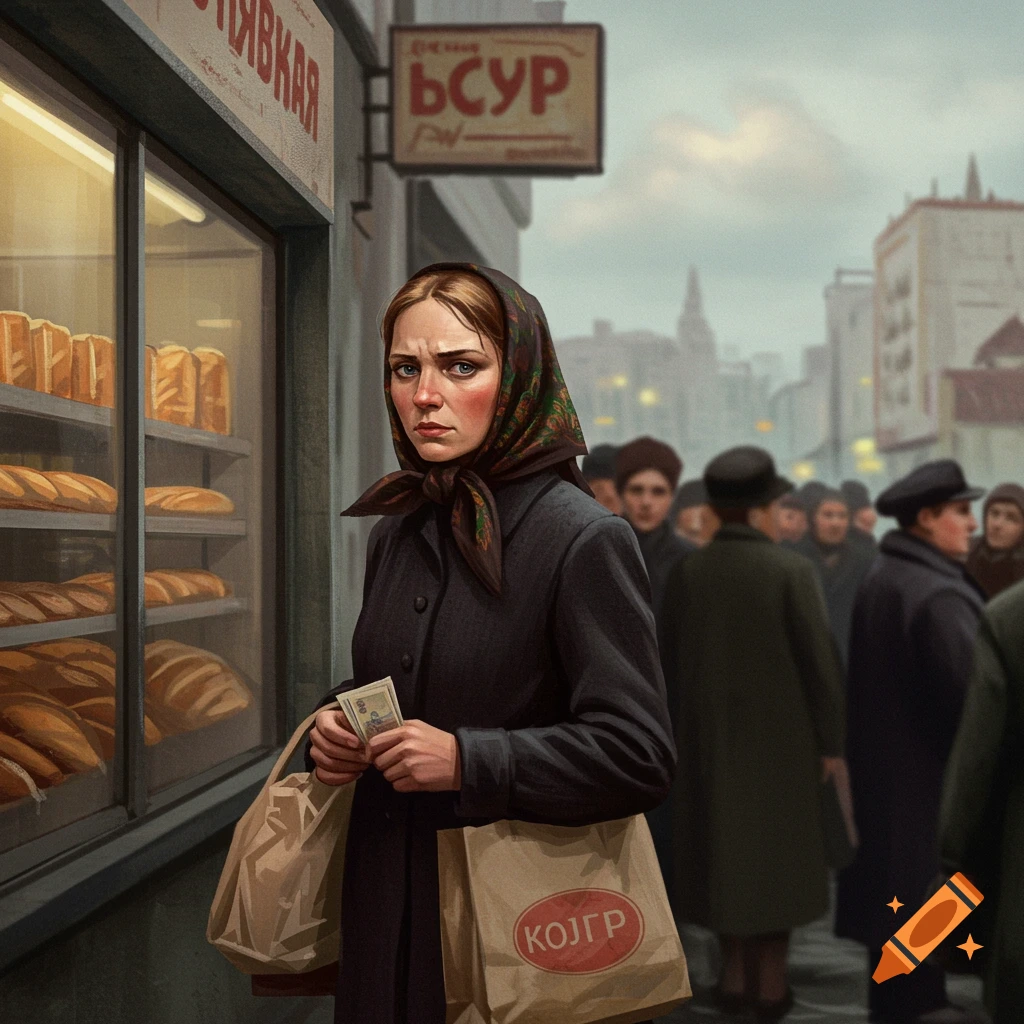 Vintage image of a woman in a headscarf holding money and a bag, standing in line outside a bread store.