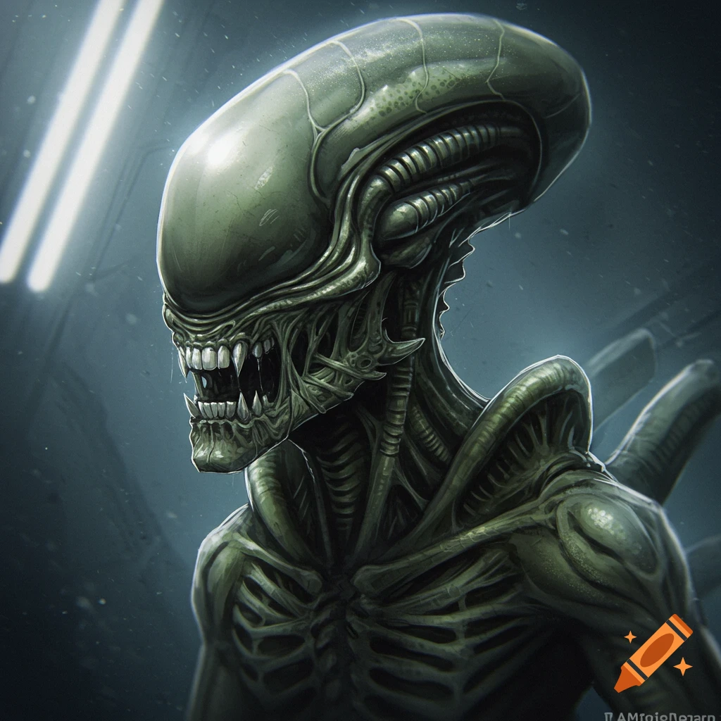 Image of the Alien creature from the torso up, showing its ribbed structure and large head.
