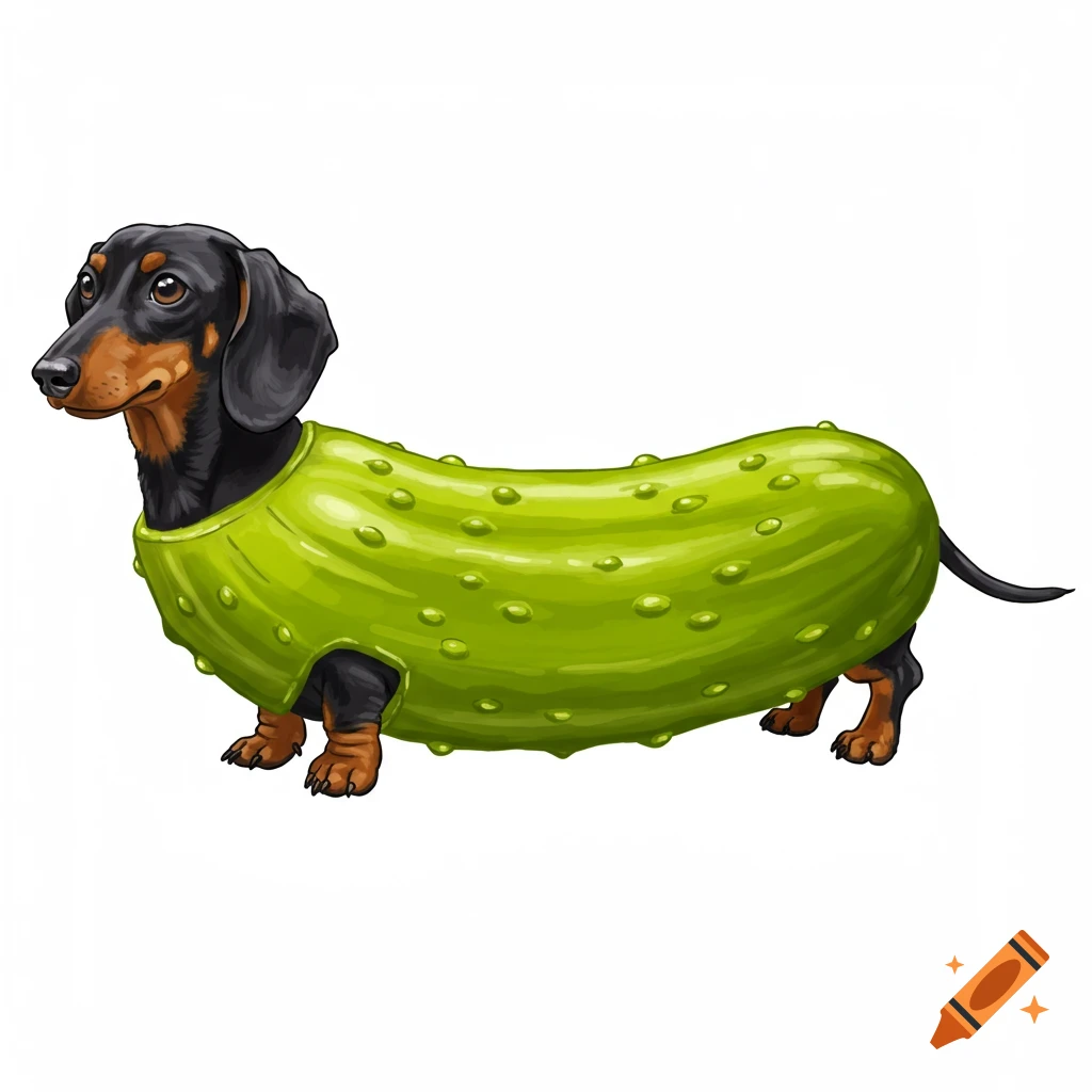 A dachshund wearing a bright green pickle costume.