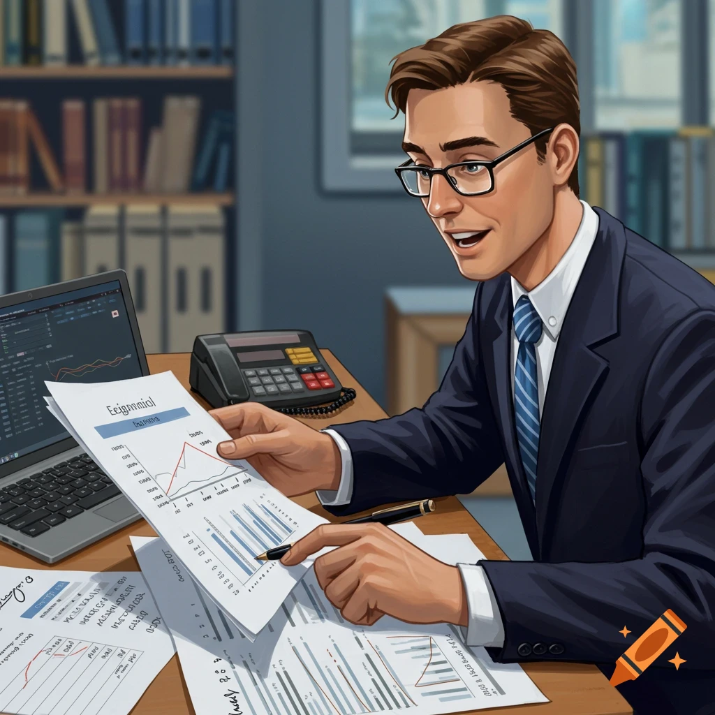 A man in a suit reviews financial documents in an office.