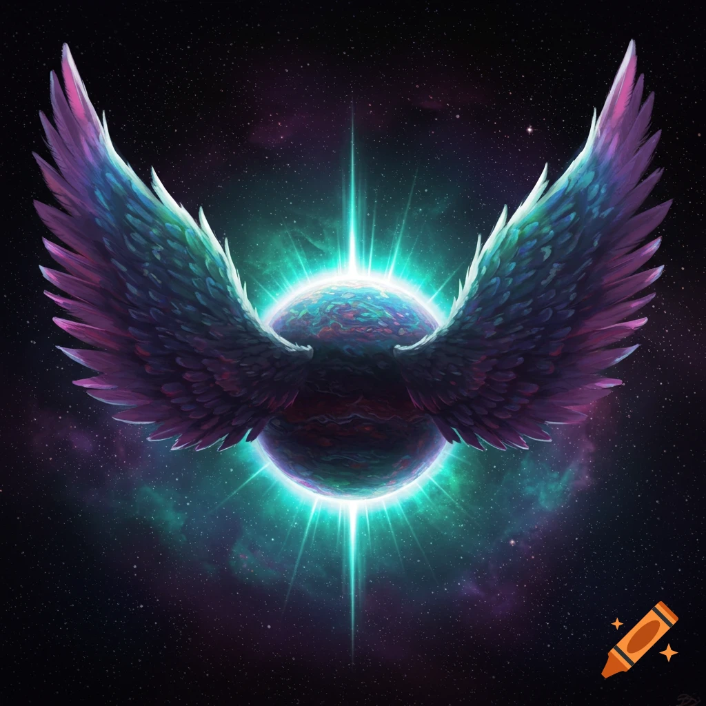 A planet with large, colorful wings and a bright glow in space.