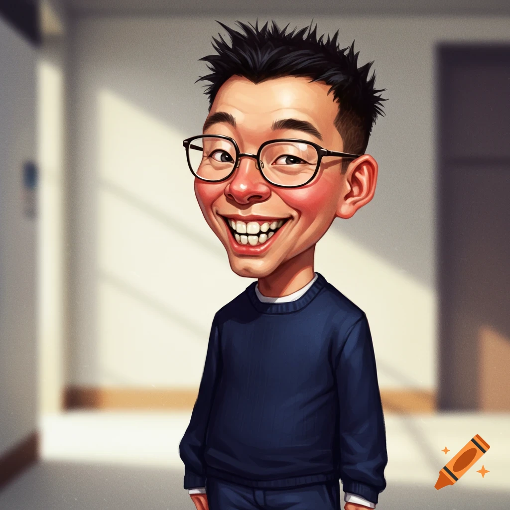Caricature of a smiling man with spiky hair, glasses, and a blue sweater.