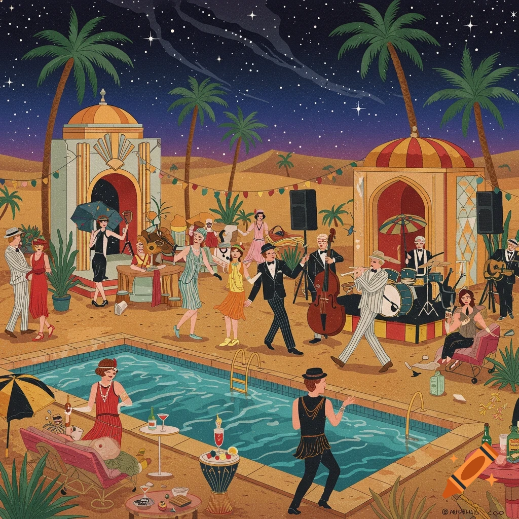 A lively party in the desert at night, with people in 1920s attire dancing by a pool, a jazz band playing, under palm trees and a starry sky. Digital illustration.