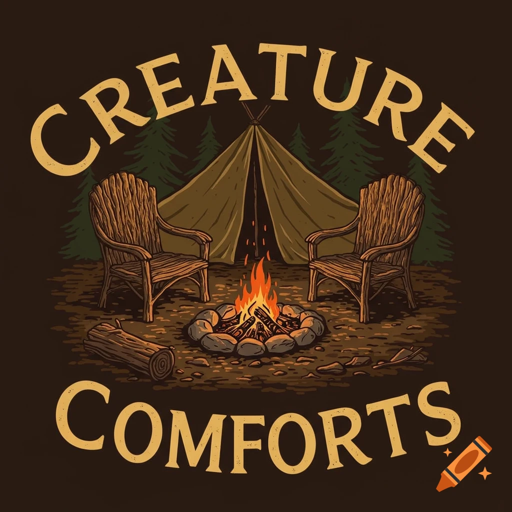 Logo illustration of a campfire, two rustic chairs, a tent, and trees, with the words 'Creature Comforts'.