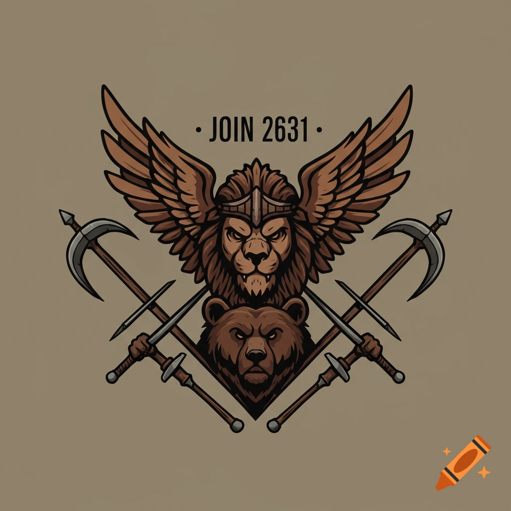 Emblem with winged lion, bear, crossed swords and pickaxes, text 'JOIN 2631'