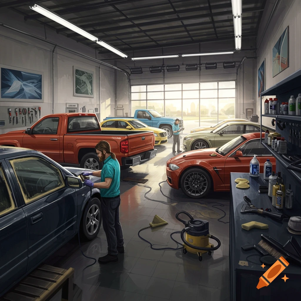 A car detailing garage with multiple cars, people working, and tools on shelves.