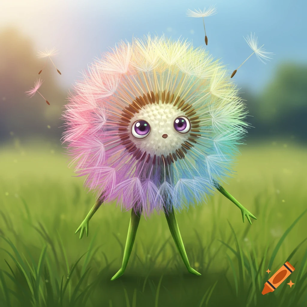 A cute, rainbow dandelion character stands in a field.