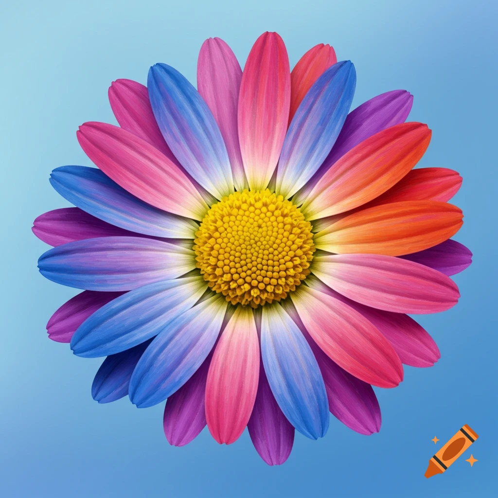 A centered daisy with rainbow-colored petals on a blue background.