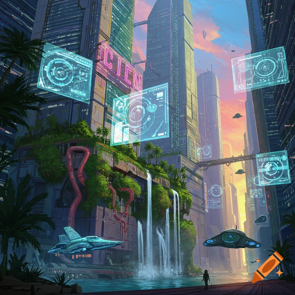 A futuristic city skyline at sunset, featuring towering skyscrapers, flying vehicles, cascading waterfalls, and vibrant holographic displays.