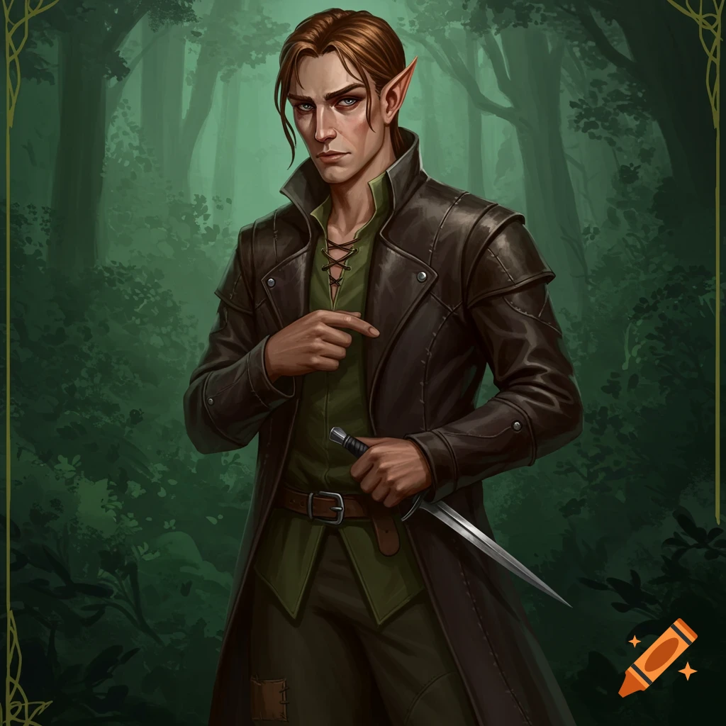 A male wood elf rogue in a brown leather coat stands in a forest, holding a dagger.
