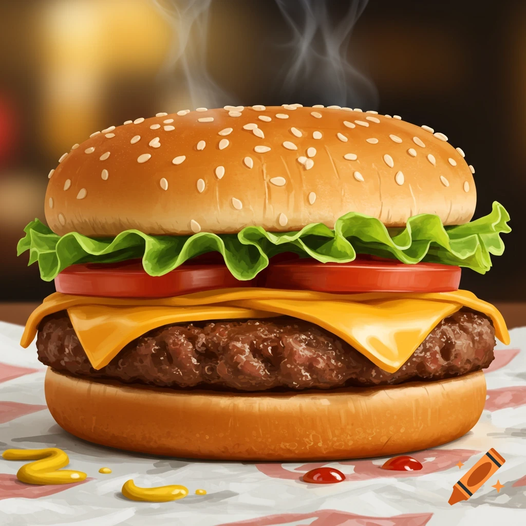 A cheeseburger with lettuce, tomato, and cheese on a bun.