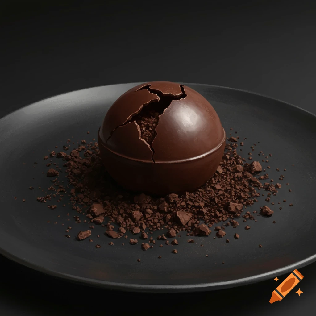A chocolate sphere dessert on a plate with chocolate crumbs.