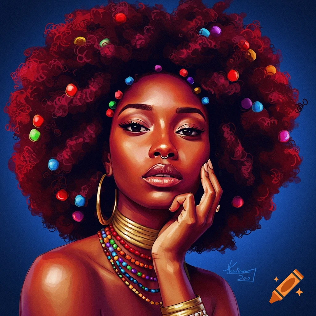 Painting of a black woman with a large afro decorated with colorful beads, wearing jewelry.