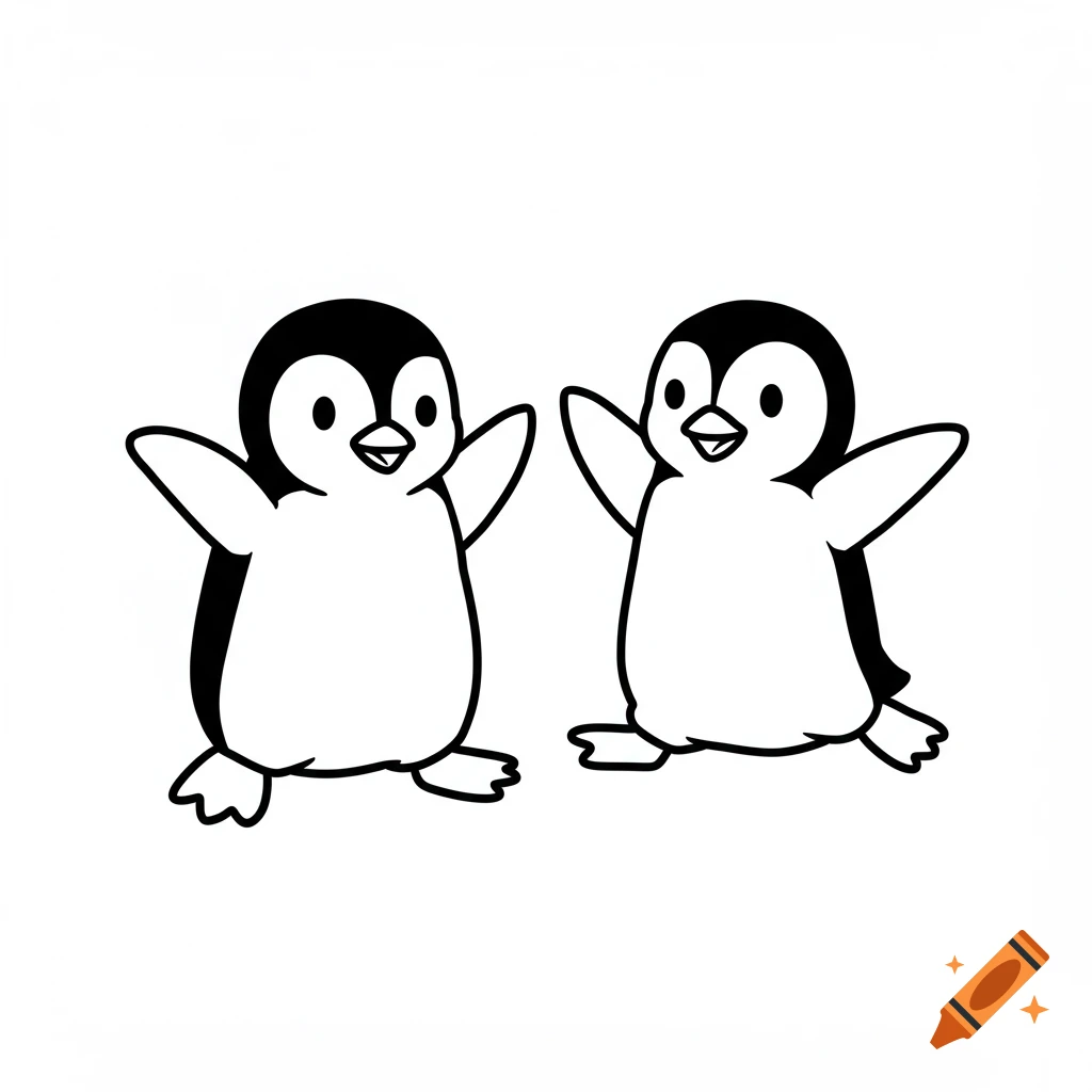 Black and white line drawing of two cartoon penguins with flippers up.