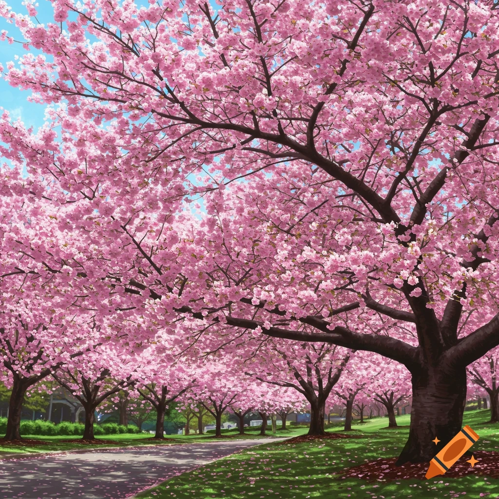 A path lined with blooming pink cherry blossom trees in a park.