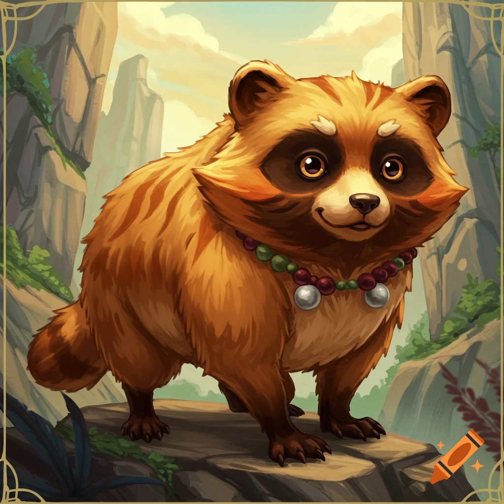 A cute tanuki character with a beaded necklace stands on a rock in a mountainous landscape.