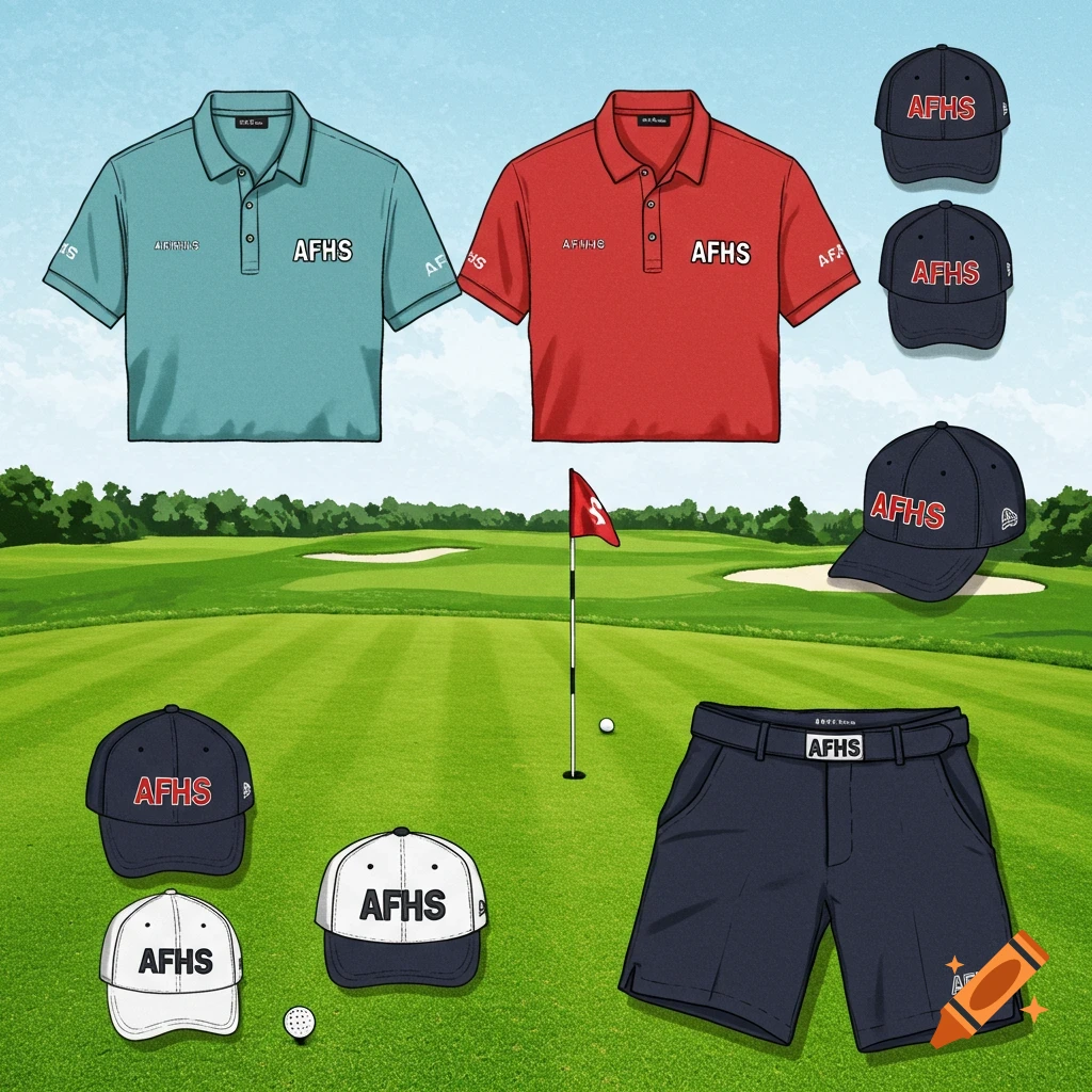 Digital illustration of golf merchandise including shirts, hats, and shorts displayed on a golf course.