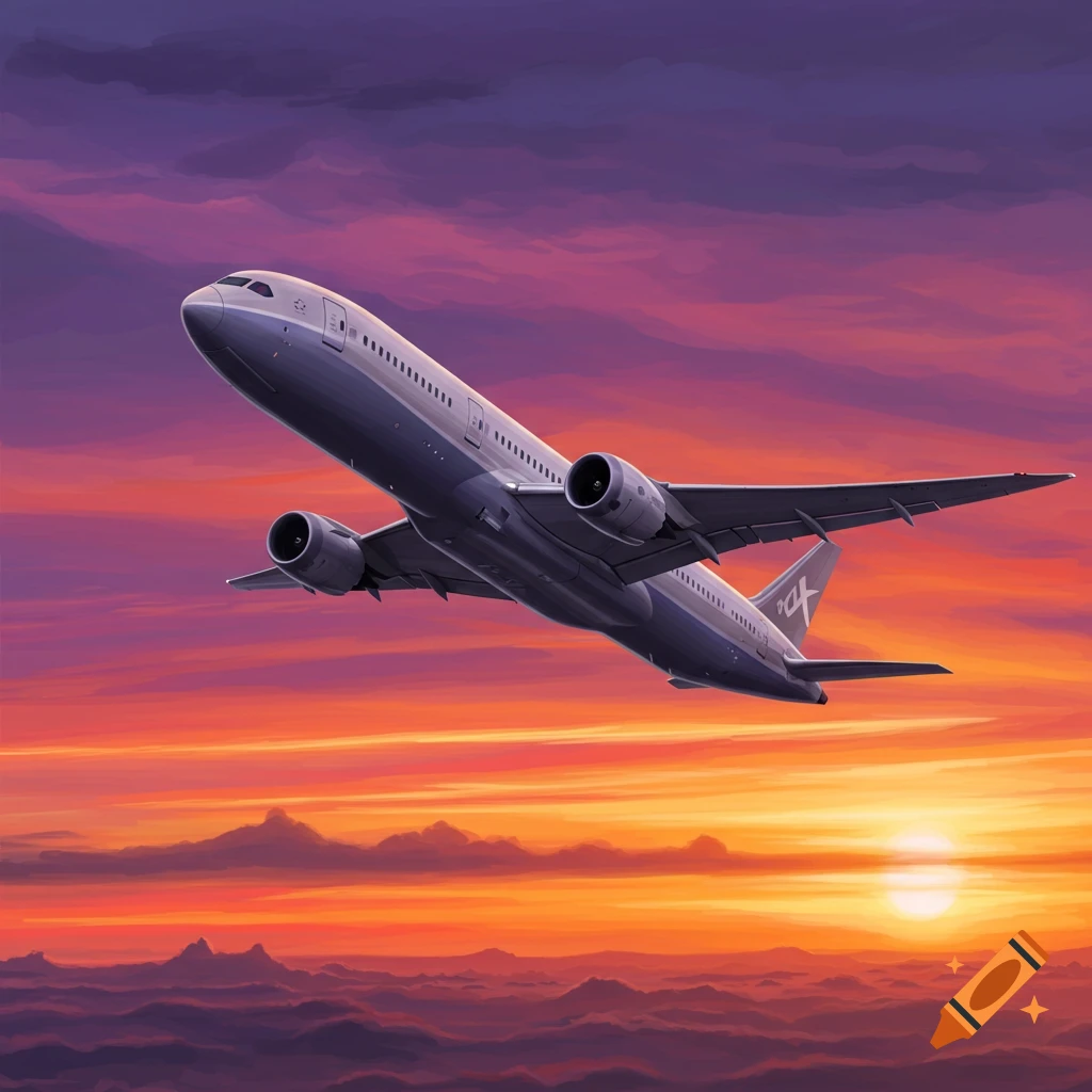 An airplane flying over mountains during a vibrant sunset.