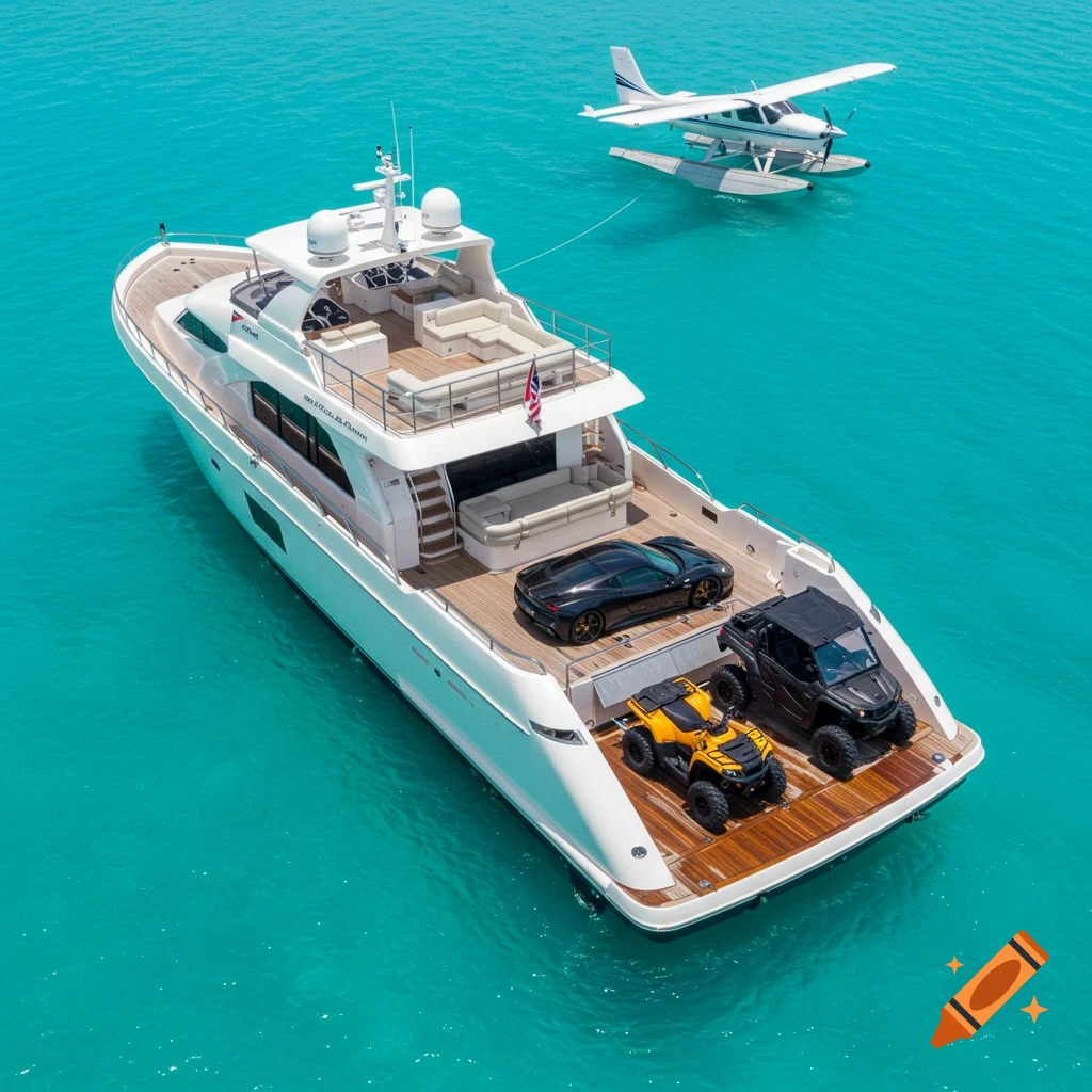 Luxury yacht with a car and ATVs on deck, towing a seaplane in bright blue water.
