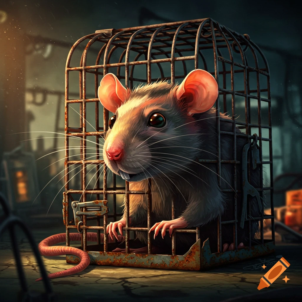 A close-up of a rat inside a rusty cage.