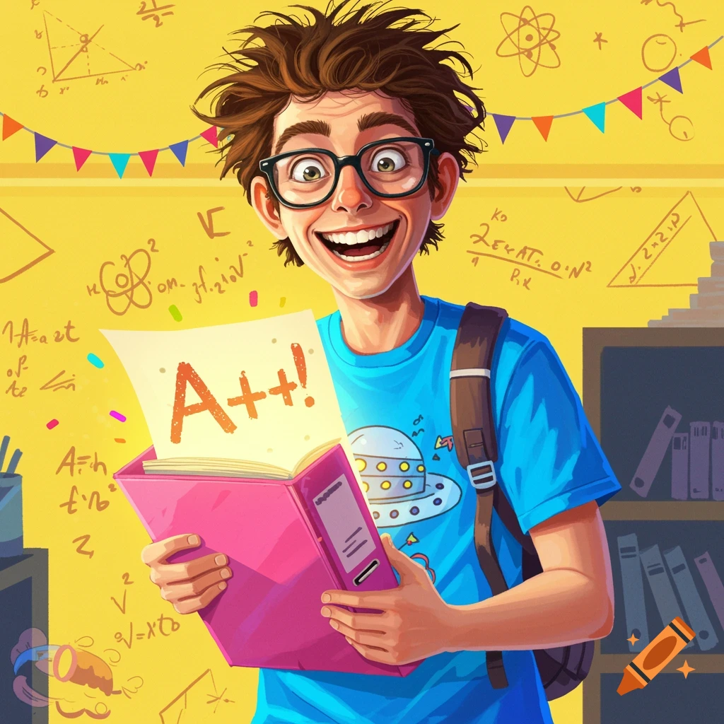 A smiling student with glasses is holding a binder showing a glowing A++ grade.
