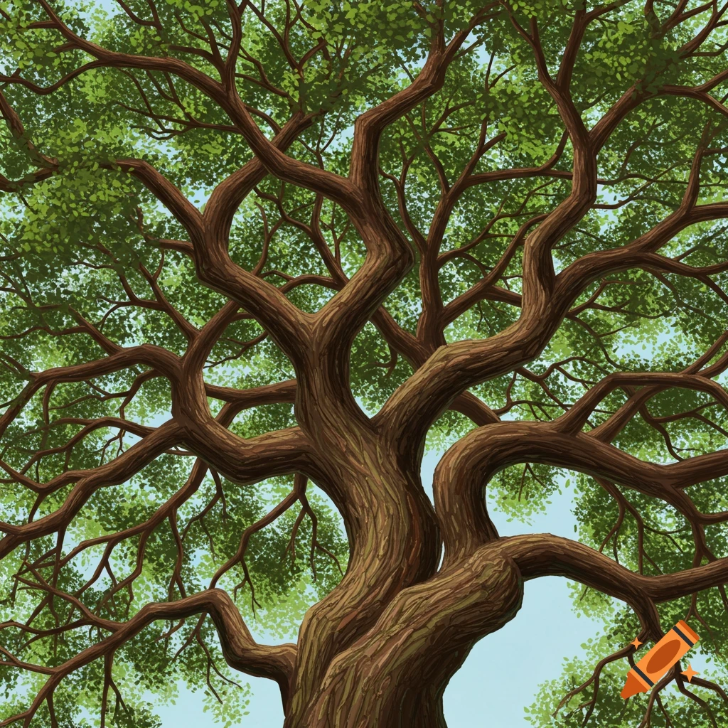 A close-up looking up at the thick, gnarled trunk and many intertwining branches of a tree covered in green leaves against a light blue sky.
