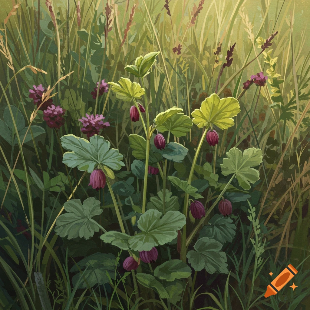 Green plants and purple flowers in tall grass.