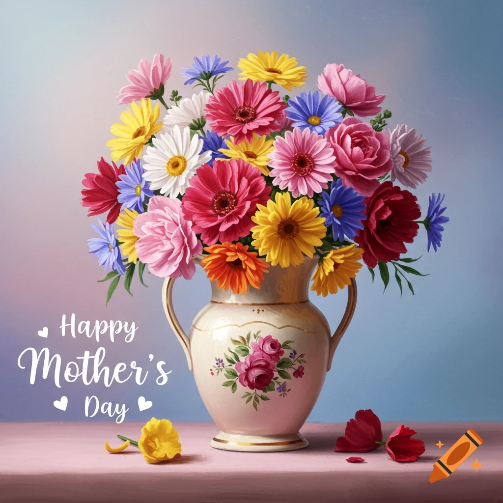 A colorful bouquet in a vase with 'Happy Mother's Day' text