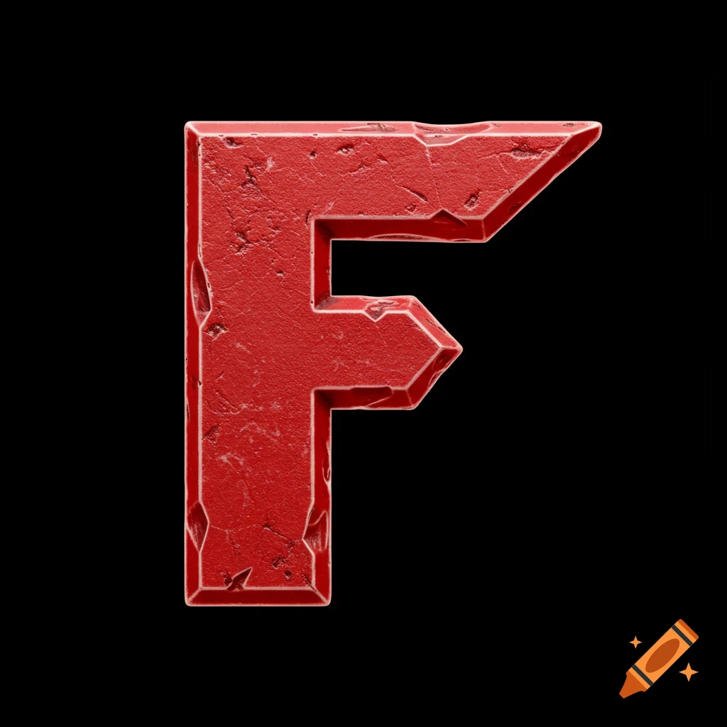 Red letter F with rough texture on black background