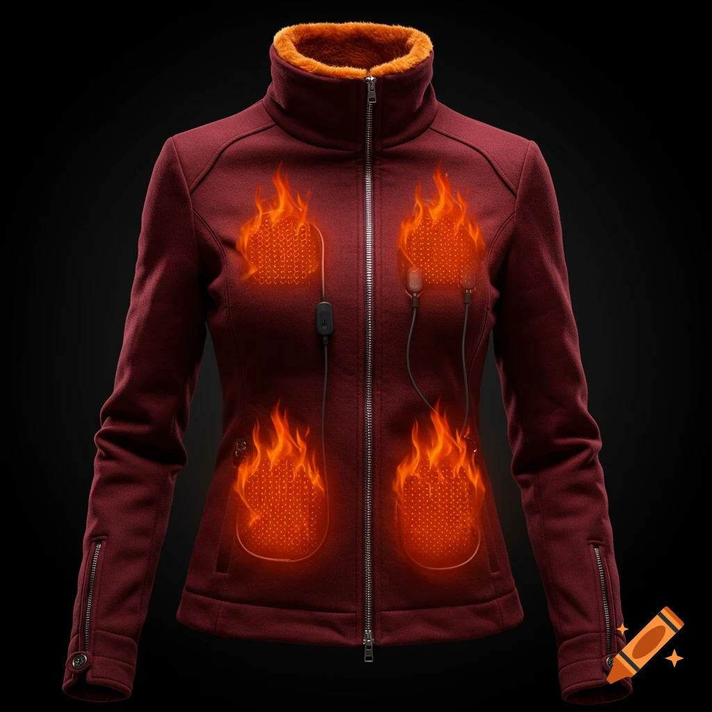 A red jacket with glowing fire-like patches indicating heating elements.