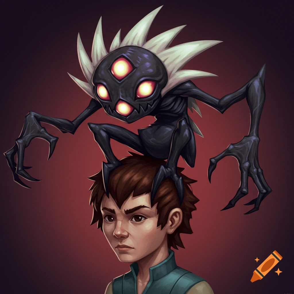 A boy with a dark, four-eyed creature with spindly limbs on his head