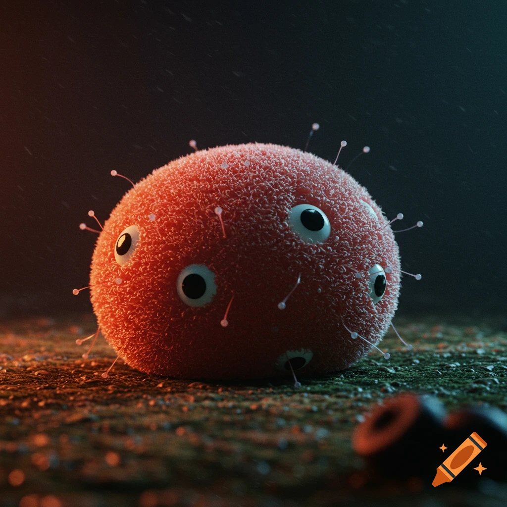 Macro shot of a fuzzy red microbe-like creature with multiple eyes and spikes on a dark surface.