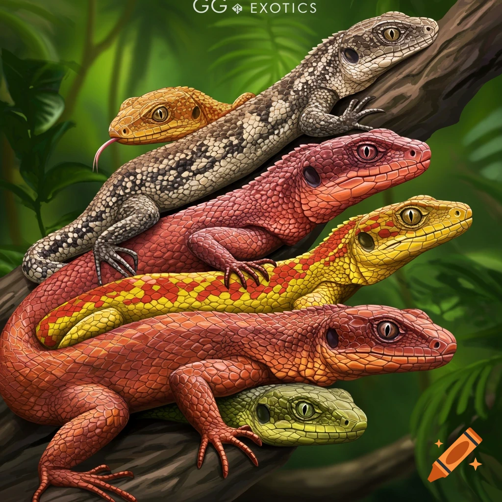 Multiple colorful lizards stacked on a tree branch.