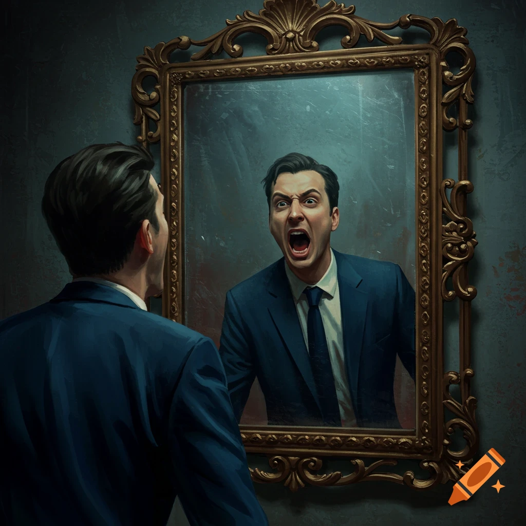A man in a suit looks in a mirror; his reflection is screaming.