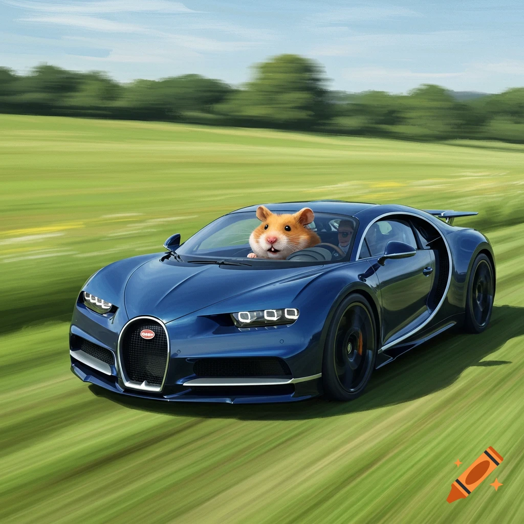 A hamster driving a blue Bugatti through a green field.
