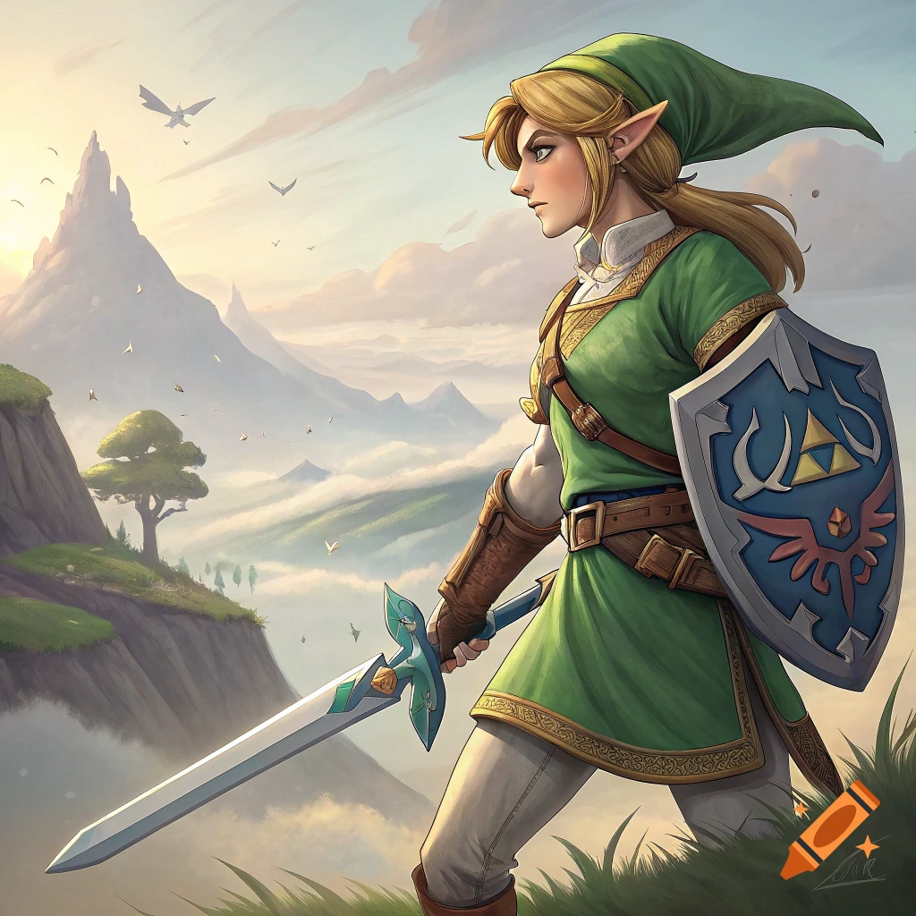 Link holds a sword and shield overlooking a cloudy mountain valley at sunset.