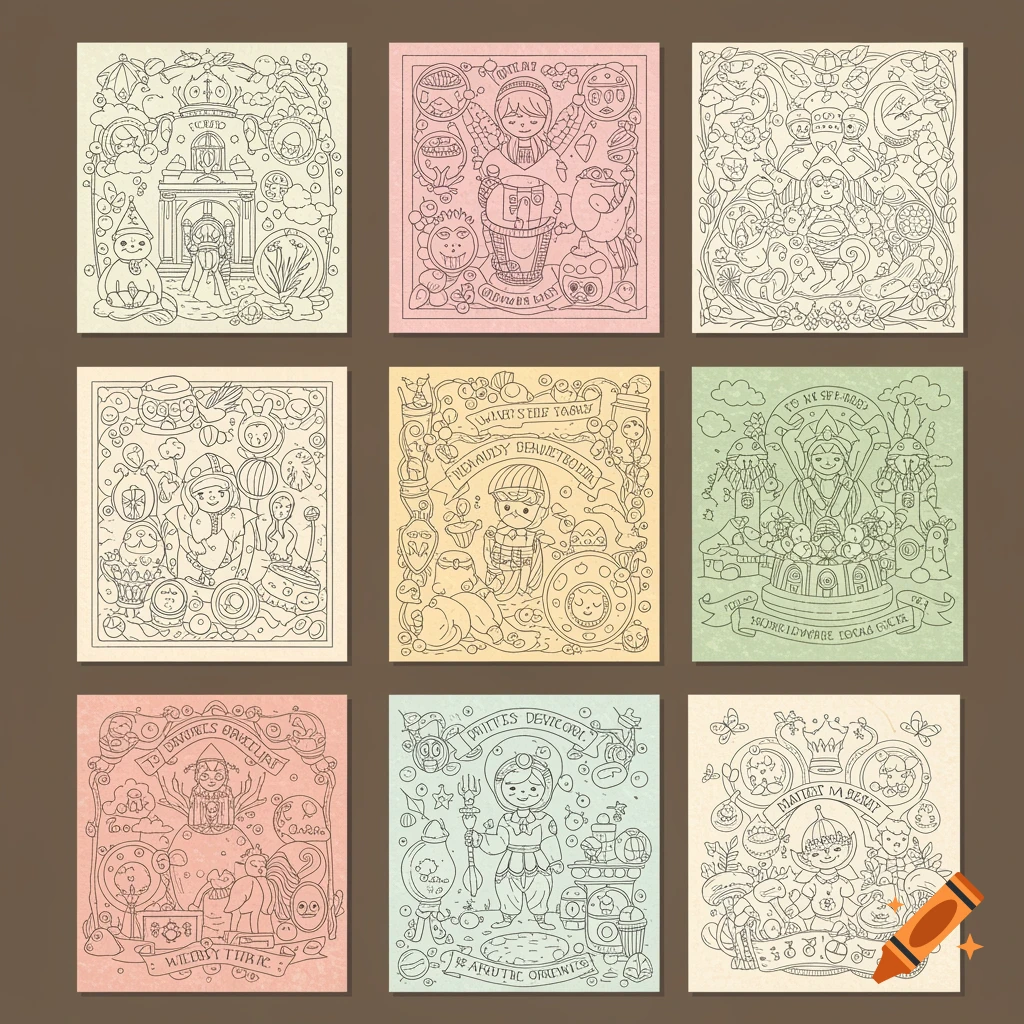 Grid of nine vintage-style whimsical line art coloring pages with figures, creatures, and text.