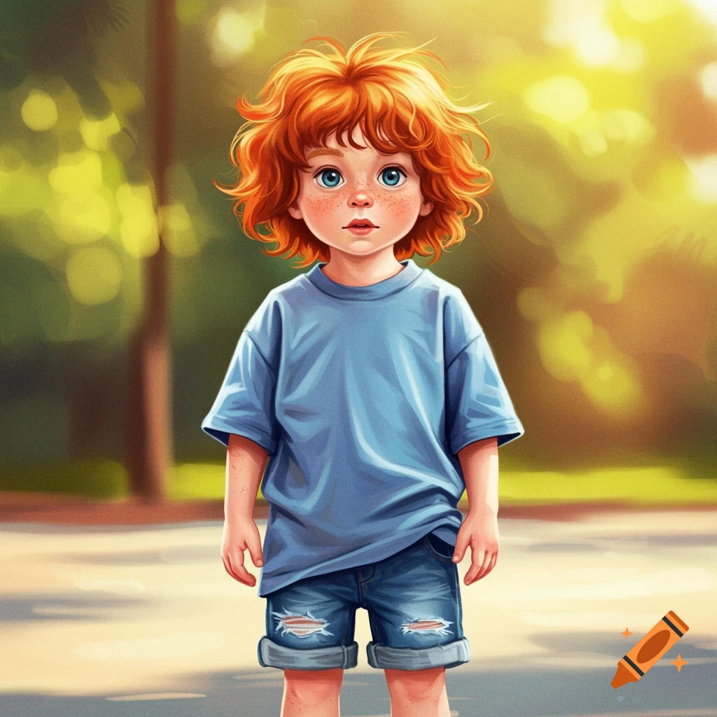 A ginger child with freckles wears a blue shirt in a sunny park.