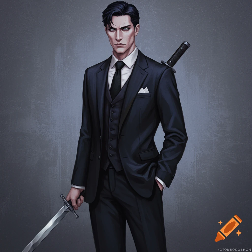 A man in a dark suit with a sword in his hand and on his back.