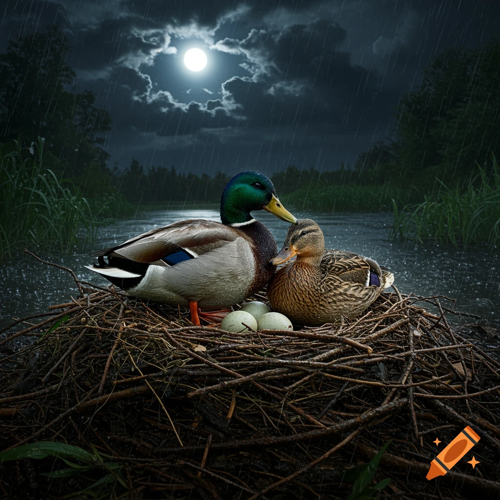 Two mallard ducks in a nest with eggs during a stormy night with moonlight and rain.