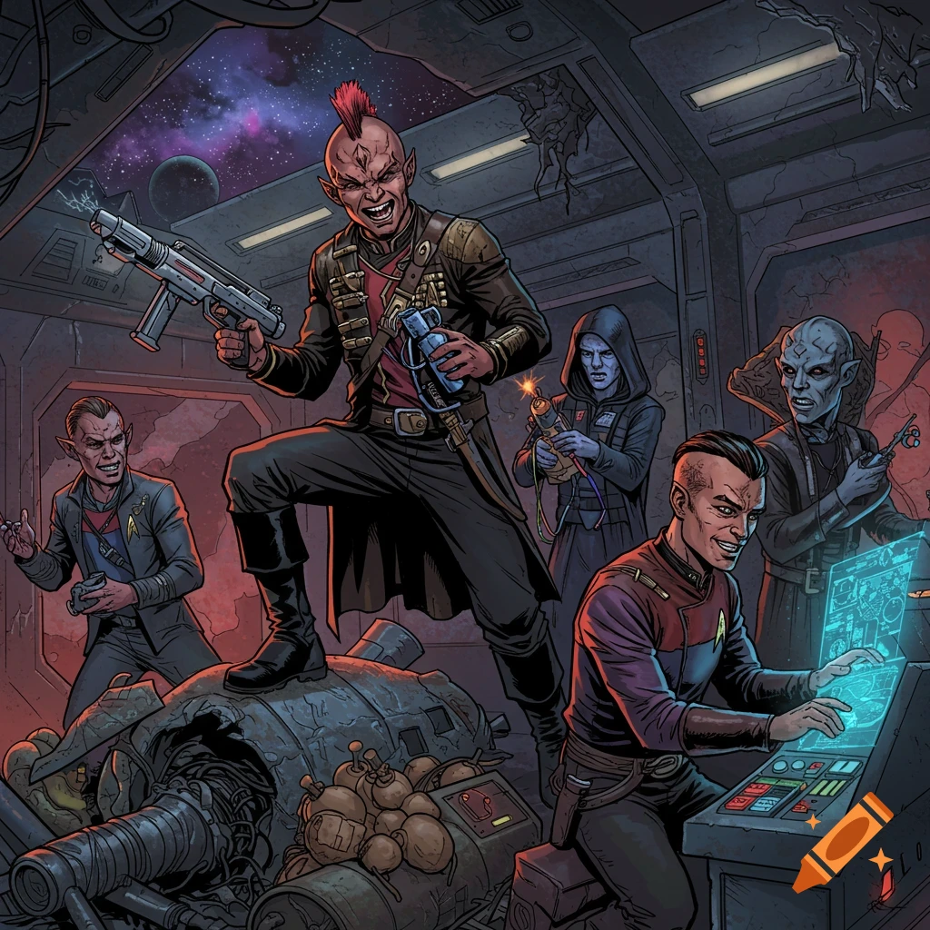 Comic book illustration of sci-fi pirates in a spaceship interior, holding weapons and interacting with technology.