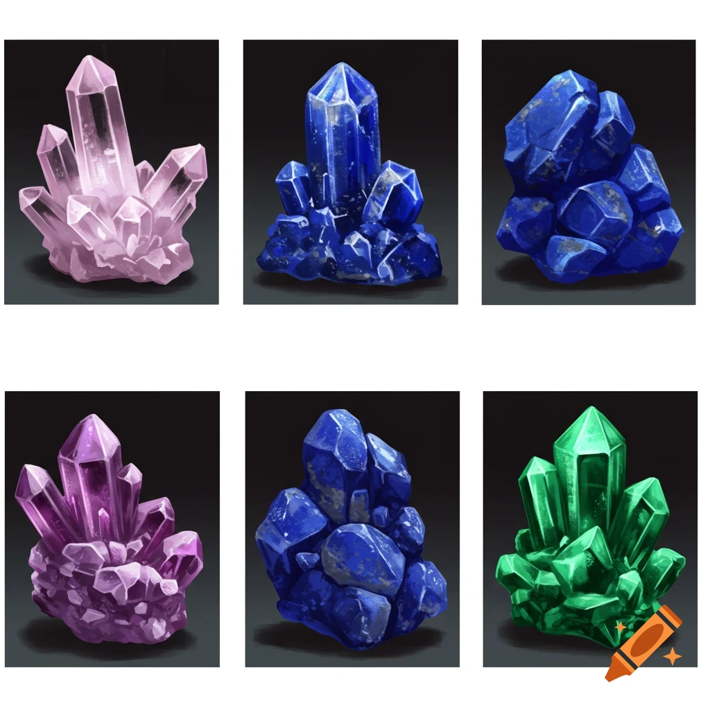 Six images of colorful crystal clusters.
