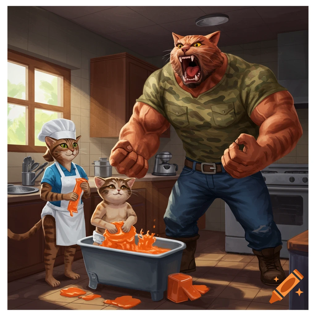 Anthropomorphic cats in a kitchen: a muscular dad yells, a lady cooks, and a kitten plays in orange goo.