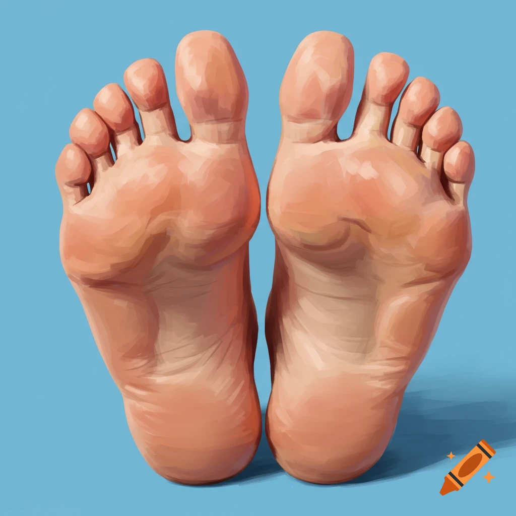 The soles of two feet are shown against a blue background.