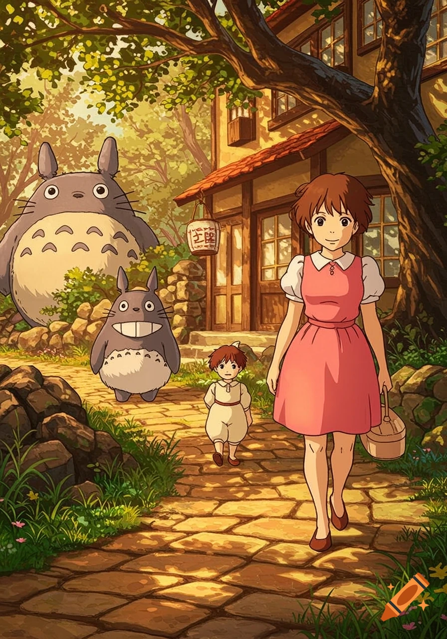 Studio Ghibli style image of characters resembling Totoro and children walking on a path past a house.