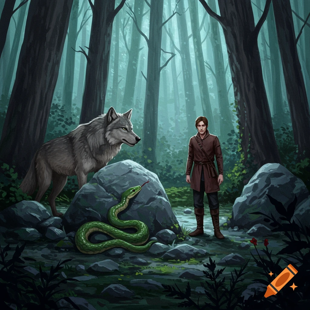 A man, a large wolf, and a green snake in a dark forest.