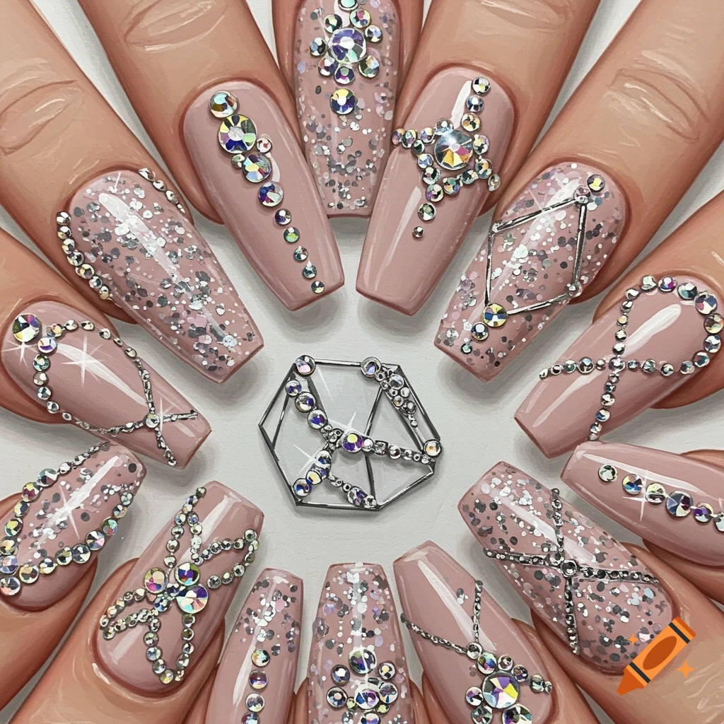 Close-up view of hands with elaborate pink nail art decorated with silver glitter and iridescent crystals arranged in patterns.