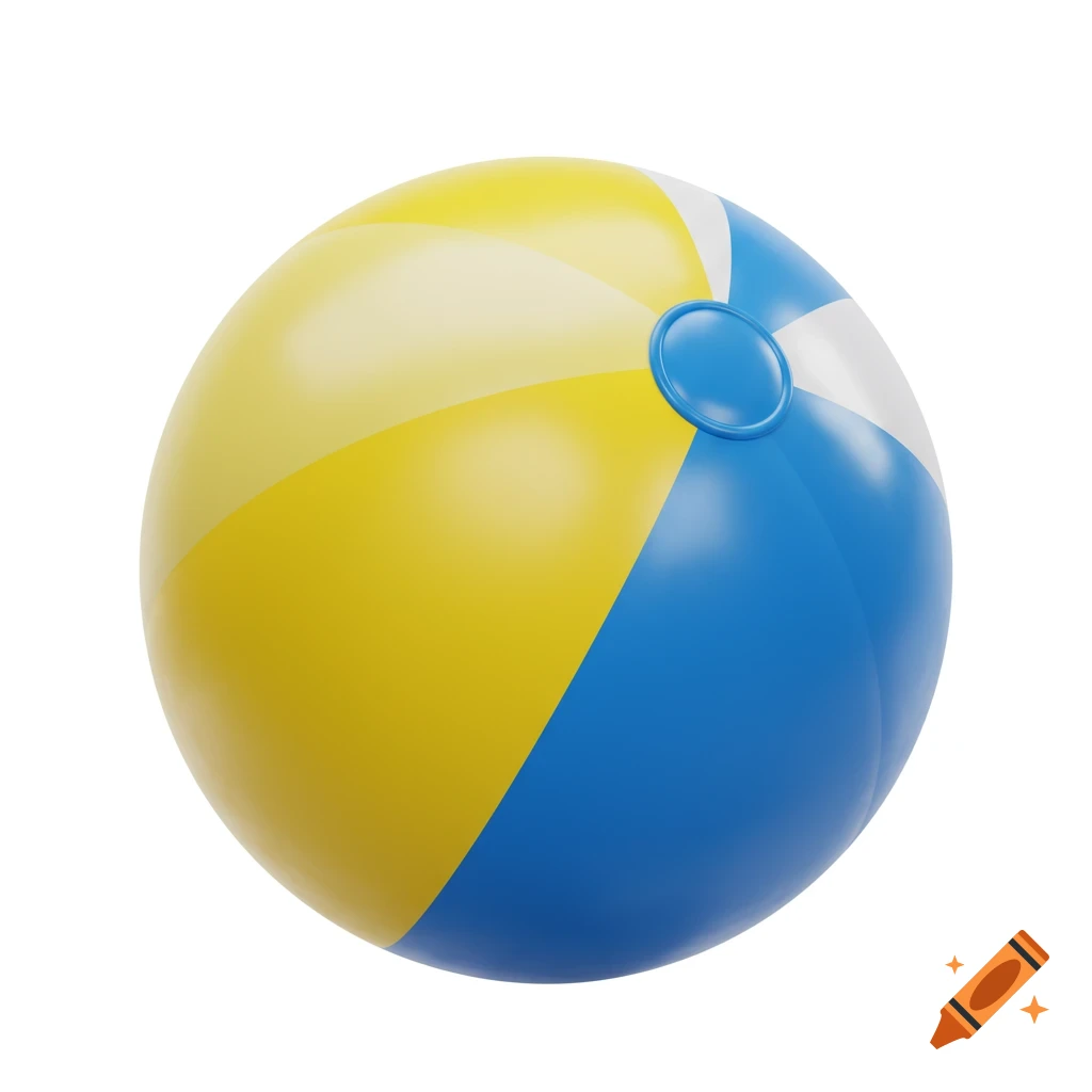 A 3D render of a yellow, blue, and white beach ball