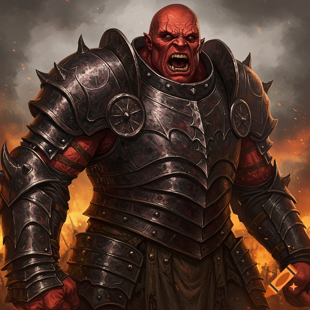 An angry red-skinned creature in dark armor roars.