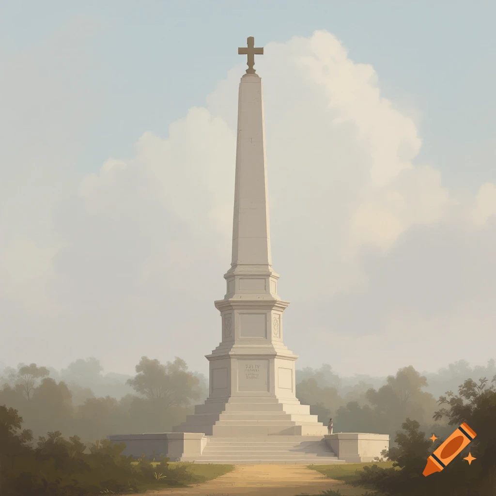 A large stone obelisk with a cross on top, on a tiered base with steps, set in a landscape with trees and a path.